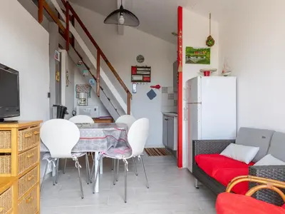 Télévision ou salle de divertissement dans l'établissement Maison T2 avec Mezzanine à Biscarrosse Plage, Terrasse et Barbecue - FR-1-521-82