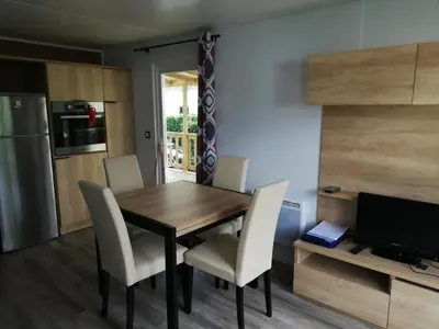 Cuisine ou kitchenette dans l'établissement MOBILHOME GASTES LANDES