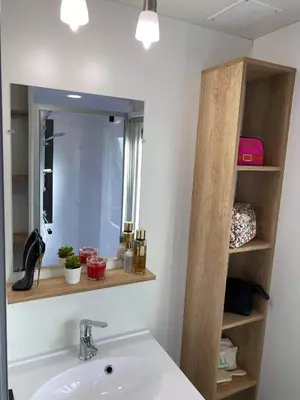 Salle de bains dans l'établissement Mobil home Rainbow, camping les dunes de contis