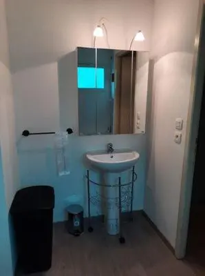 Salle de bains dans l'établissement Appartement 1 chambre et 1 coin cabine, piscine, au bord du lac d 'Aureilhan,proche de Mimizan plage