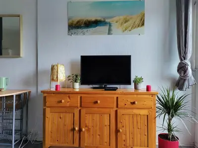 Télévision ou salle de divertissement dans l'établissement studio à l'océan au dessus des pins (plage & commerces à pied)