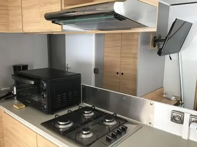 Cuisine ou kitchenette dans l'établissement MOBIL HOME 8 PERSONNES 4 ETOILES 16 HECTARES DE FORET 2 SALLES DE BAIN A MIMIZAN 40 m2 HAUT STANDING