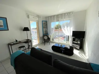 Télévision ou salle de divertissement dans l'établissement VILLA MARINA 2 pieces avec parking et wifi centre