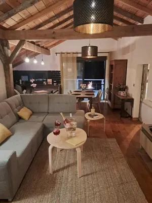 Coin salon dans l'établissement Maisonnette vue sur forêt