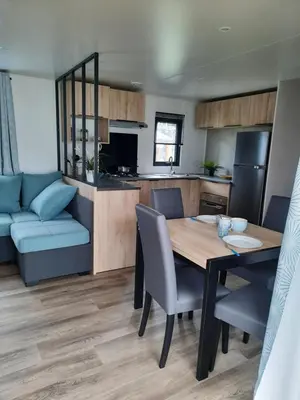 Cuisine ou kitchenette dans l'établissement Mobil home neuf, tout confort, aux Dunes de Contis