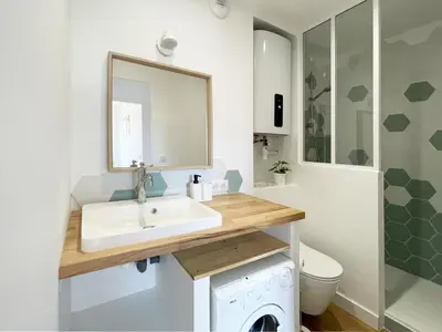 Salle de bains dans l'établissement Au pieds des dunes