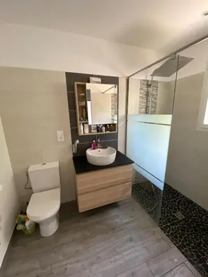 Salle de bains dans l'établissement Villa de charme avec piscine privée et clim 8 pers près du lac de Parentis