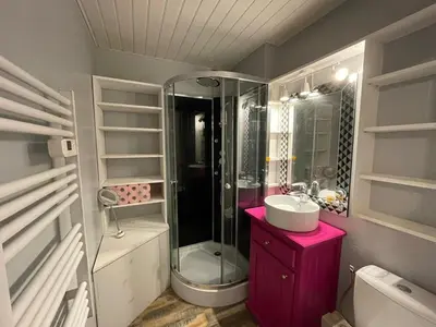 Salle de bains dans l'établissement Appartement proche plage avec piscine, parking et animaux admis - FR-1-413-215