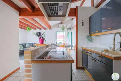 Cuisine ou kitchenette dans l'établissement Biscarrosse Bourg Appartement avec terrasse classé 1 étoile pour 4 personnes